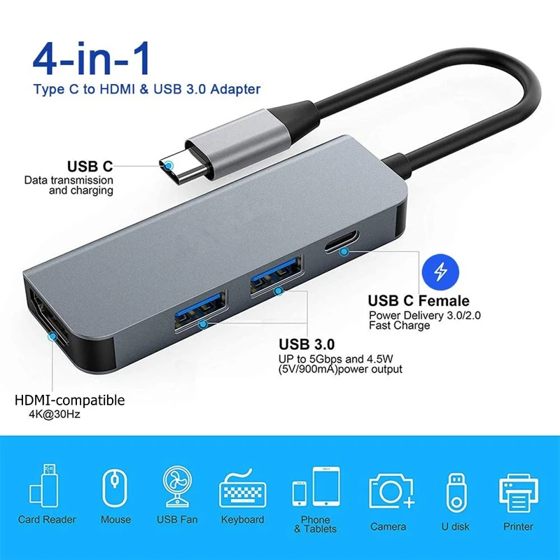 

Rankman Type C to HDMI-compatible 4K USB-C 3.0 Adapter Hub for MacBook Samsung S8 Dex Huawei P30 Dock Xiaomi 10 Projector TV
