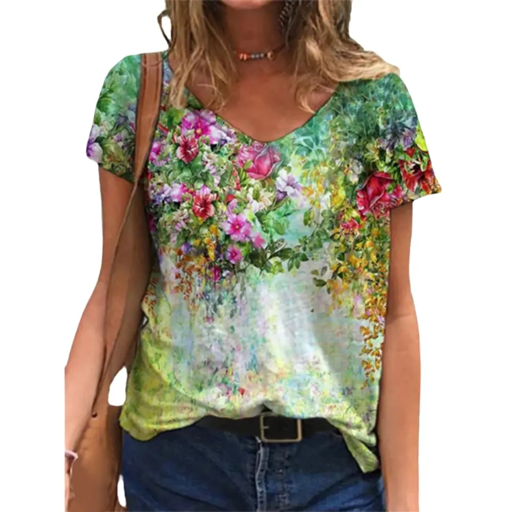 Tie Dye 3D Floral Print Women T Shirts Casual Short Sleeve Loose Plus Size Tops Fashion Street Ladies V-Neck Summer Tee 2021 New