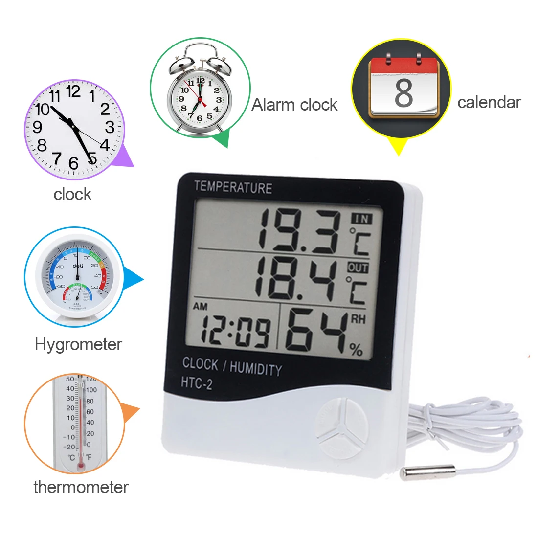 

Digital LCD Temperature Humidity Meter Indoor Outdoor Hygrometer Thermometer Weather Station With Clock For Home HTC-1 /-2