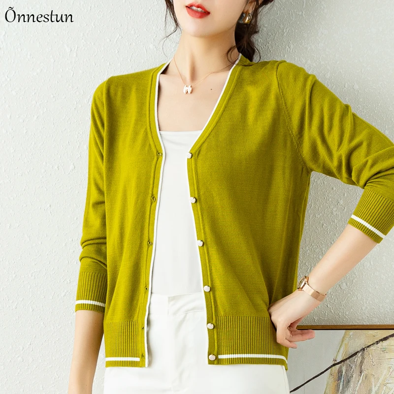 

V Neck Sweater Women New Autumn Long Sleeve Sweater Cardigan Solid Knitwear Single-breasted Cardigans