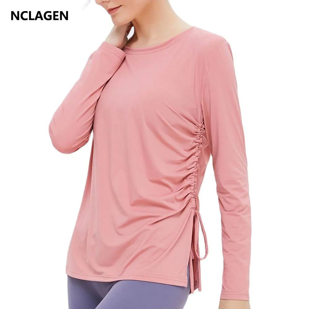 

NCLAGEN Sports Tops Gym Women Loose Fitness T-Shirt Long Sleeve Round Neck High Elastic Running Gym Workout Leisure Yoga Blouse