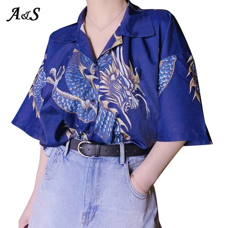 Anbenser 2020 Summer Women Tops Harajuku Blouse Women Dragon Print Short Sleeve Blouses Shirts Female Streetwear Plus Size XXXL