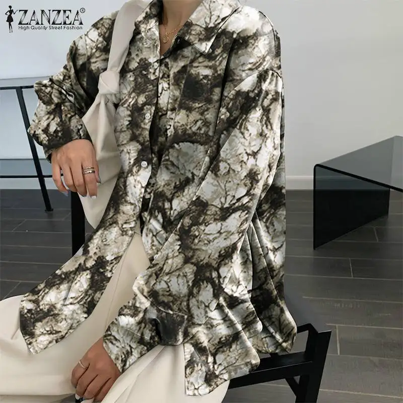 

ZANZEA Elegant 2021 Women Casual Blouse Bohemian Long Sleeve Shirt Lapel Button Blusa Oversized Printed Chemise Work Tunic Tops