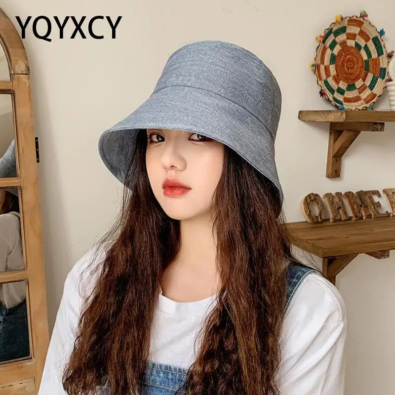 

Bucket Hat Women Washed Denim Cloth Flat Top Fisherman Hat Ladies Korean Fashion Simple Sun Hat Female Panama Cap Wide Brim