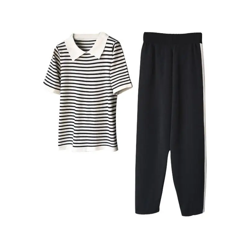 

Spring and autumn loose covered meat stripe Pullover T-shirt sport Harem Pants casual two piece suit women's summer