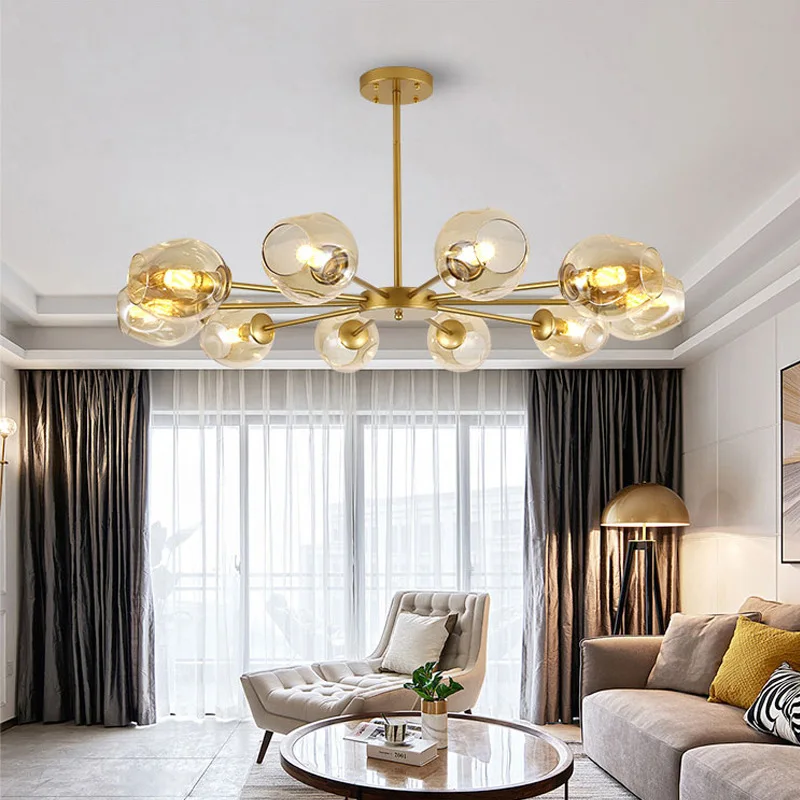 Люстра в скандинавском стиле со стеклянными синими шариками медная Золотая