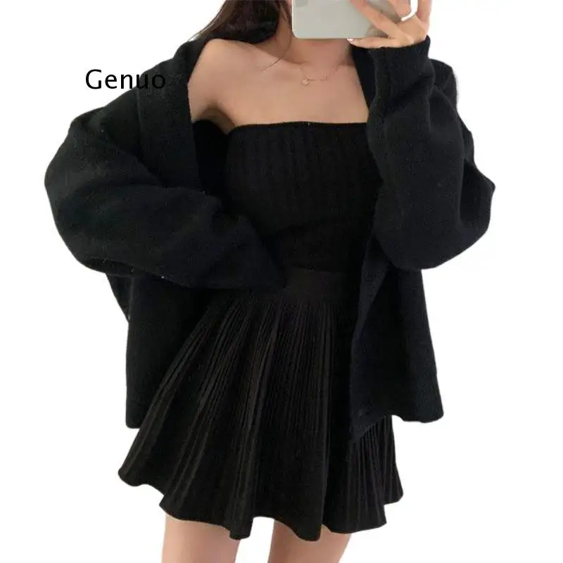 

Chic Korean Elegant V Neck Knit Cardigan Puff Long Sleeve Sweater Jacket Sexy Strapless Camisole Skirt Mini Retro 3 Piece Set