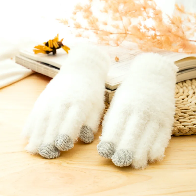 

Autumn and winter female Plush Finger Gloves solid color warm and thickened outdoor riding and driving cold protection hand glov