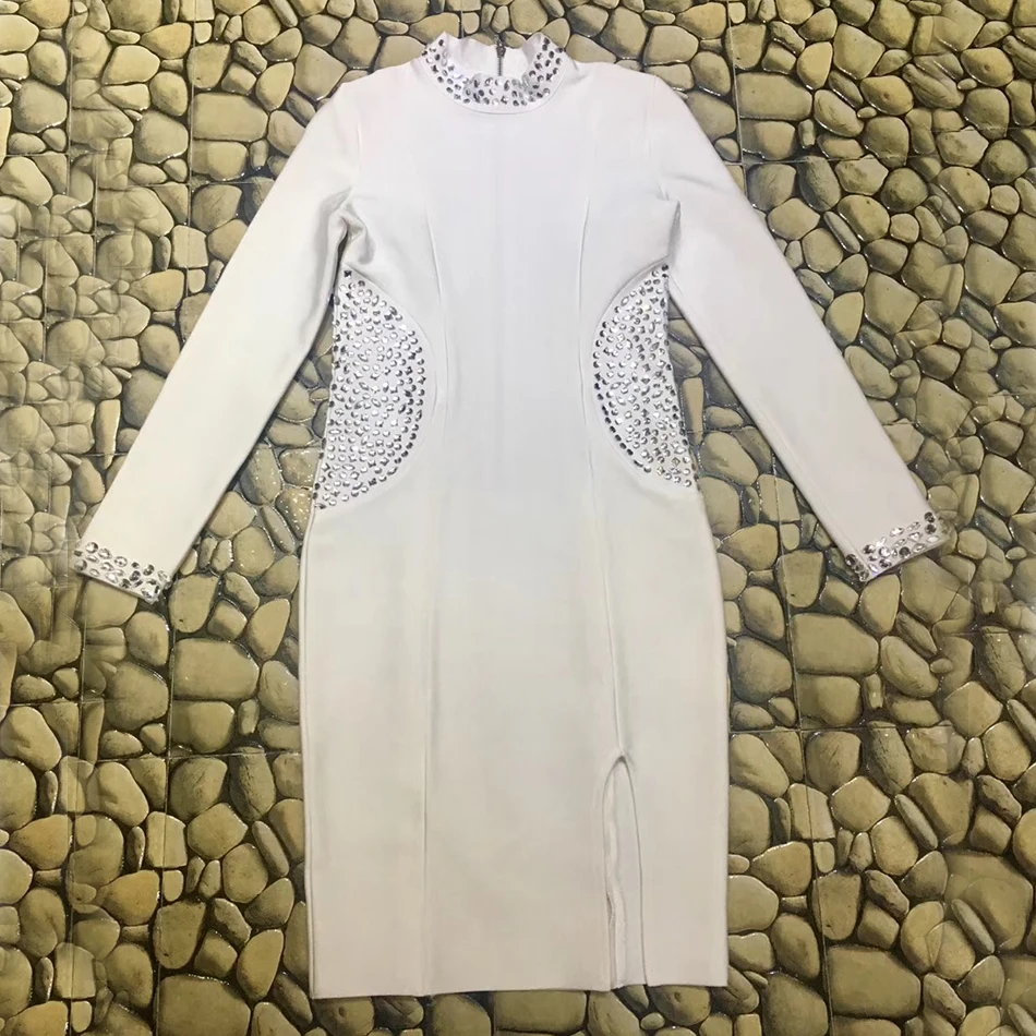 2021 высококачественное белое платье с бусинами и длинным рукавом до колена из