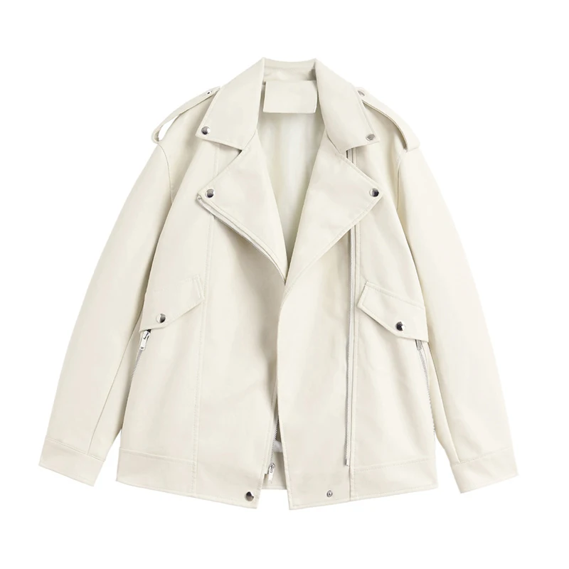 

Куртка из искусственной кожи цвета хаки, свободные модные шикарные эполеты с большими лацканами и длинными рукавами, женская уличная одежд...