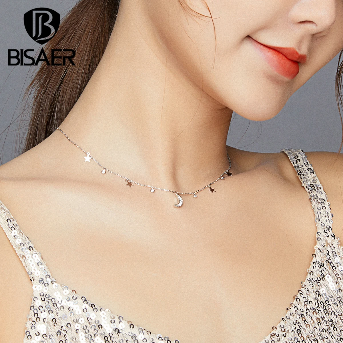 

BISAER Star&Moon Necklace 925 Sterling Silver Dream Time Necklace Pendant Women Oxidized Silver Jewelry ECN420