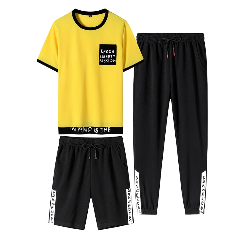 

Plus Size Summer Men's Sets 3 Piece T-shirts+Shorts+Pants Short Sleeve Tracksuit Men Sportswear Jogging Sweat Suits 6XL 7XL 8XL
