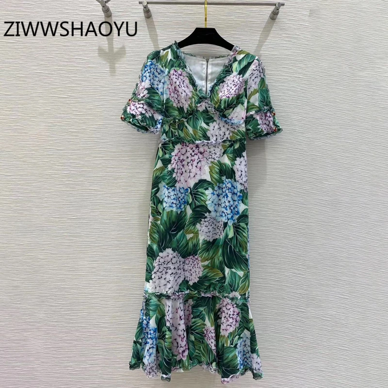 

ZIWWSHAOYU летние женские зеленые винтажные платья миди с цветочным принтом модные дизайнерские женские платья с V-образным вырезом Русалка 2020