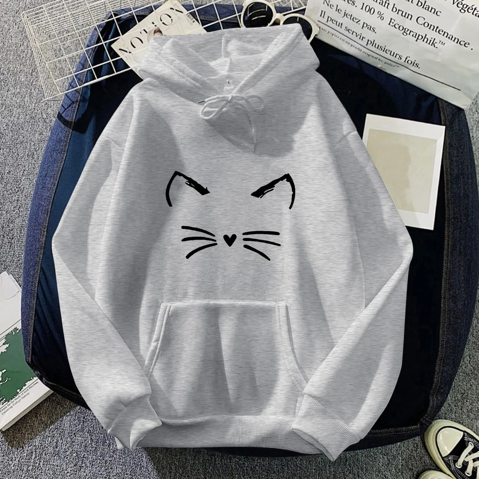 

Hoody Women Cute Cat Print Long Sleeve Sweatshirts Korean Pullovers Oversized Aesthetic Winter Fleece Warm Female Cats Hoodies