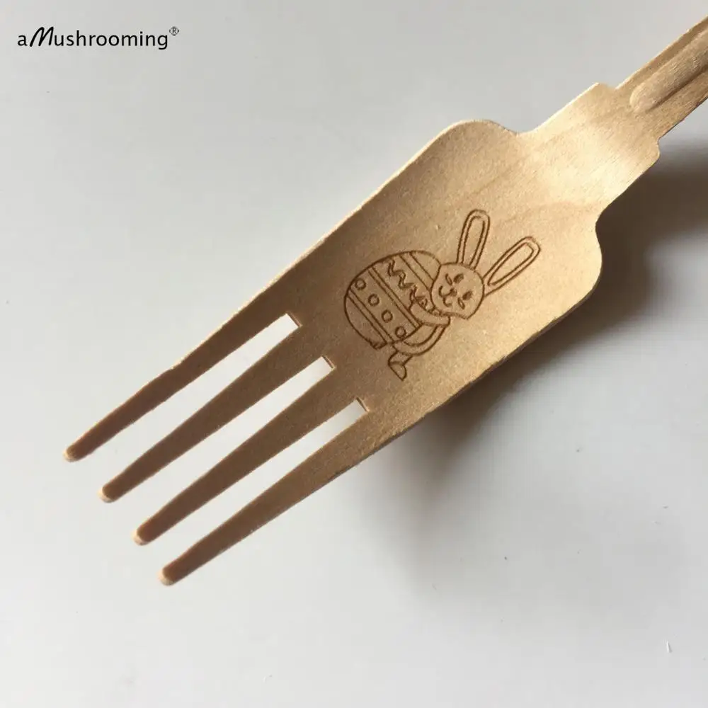 

25pcs Custom Engraved Easter Bunny Wooden Tableware Cutlery Vintage Party Serving Spoons Forks knives Biodegradable Silverware