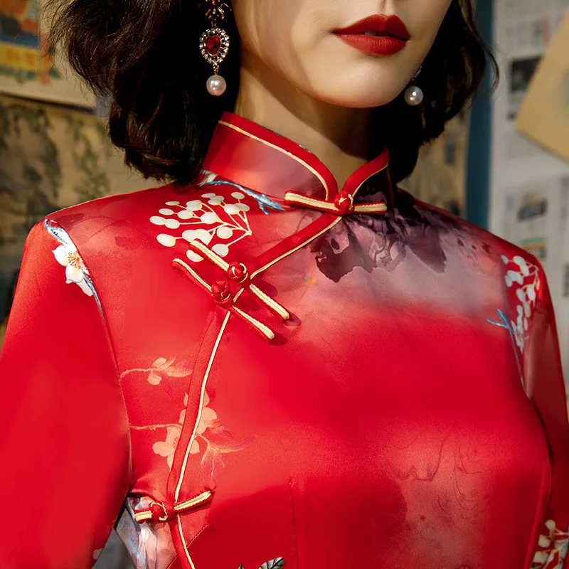 SHENG COCO осенние улучшенные шелковые Cheongsam китайские платья 4XL длинное вечернее Ципао женское тонкое шелковое китайский, Восточный стиль платье