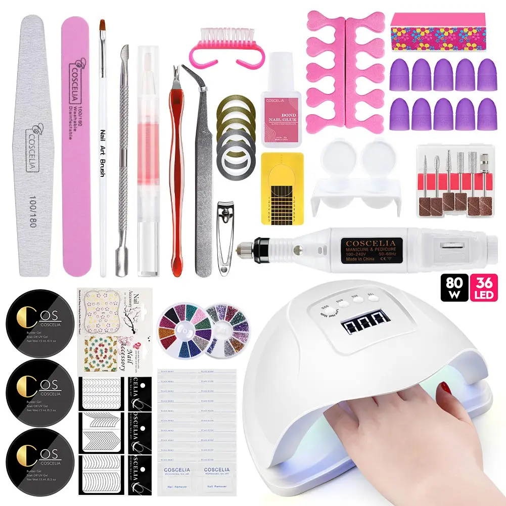 80W no gel set 80 Вт/48 Вт/36 Вт УФ светодиодная лампа маникюрный набор кисточки для маникюра Набор гель-лаков для ногтей все для маникюра Набор для УФ-гель для дизайна ногтей набор для ногтей - Цвет: 80W no gel set