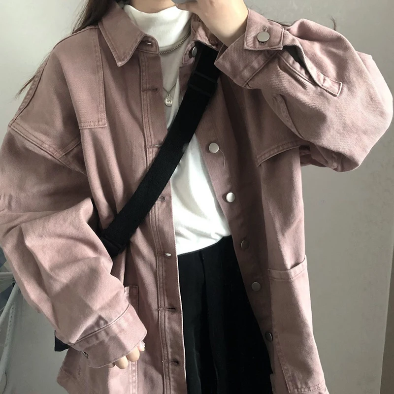 

Women Basic Jackets Fall Denim Medium-long Coat Solid Single-breasted Pockets BF Vintage Student Oversized Outwear Loose Slim