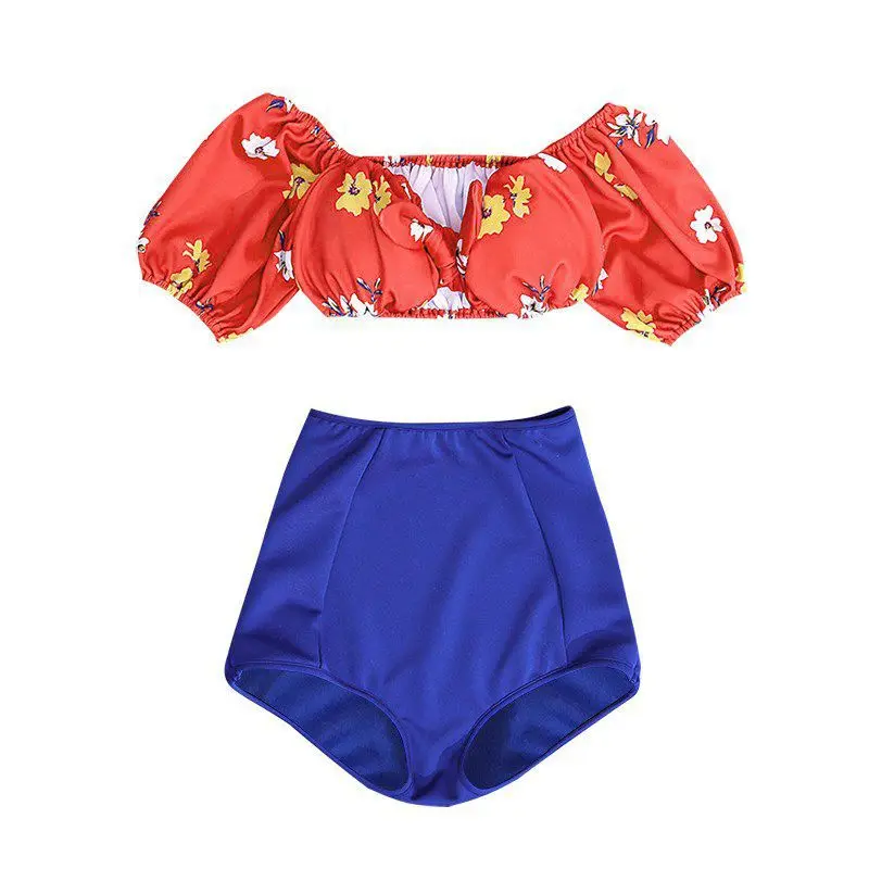 

Sexy Women Swimwear Beach Bikini Set Ladies Floral Print High Waist Off Shoulder Gathered Shorts Bathing Suit 2021 Summer New