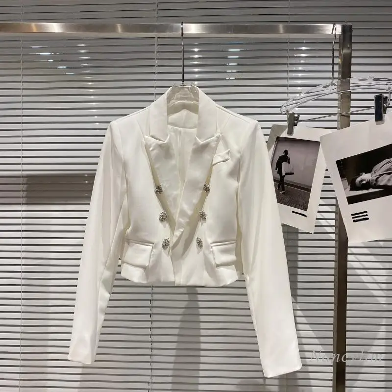 

2021 Autumn Blazer Woman New Double Breasted Rhinestone Suit Collar Short Coat White Black Nancylim
