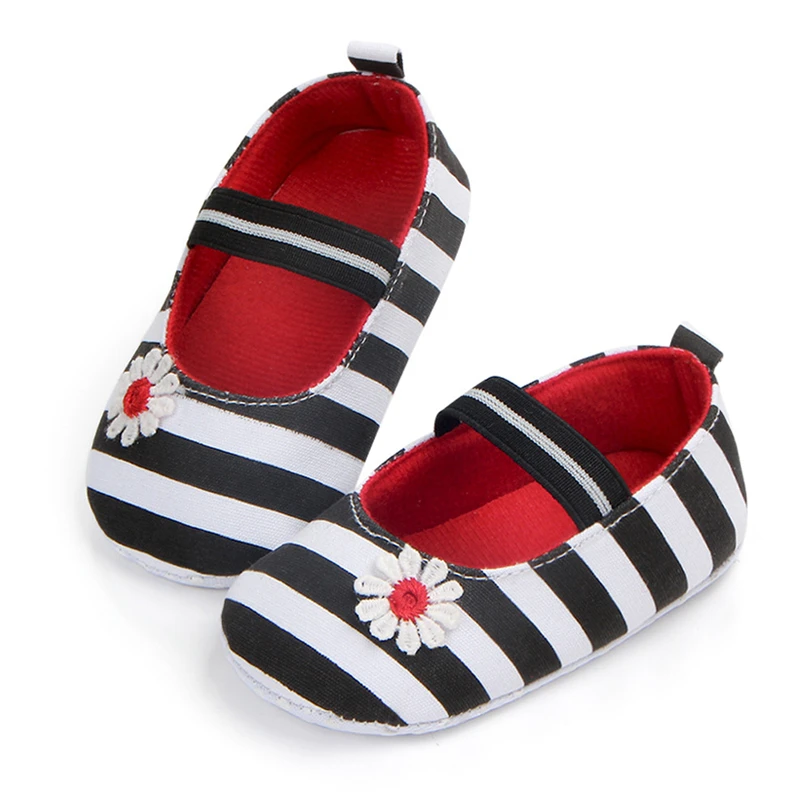 Обувь для маленьких девочек первых шагов без шнуровки в полоску с цветочным