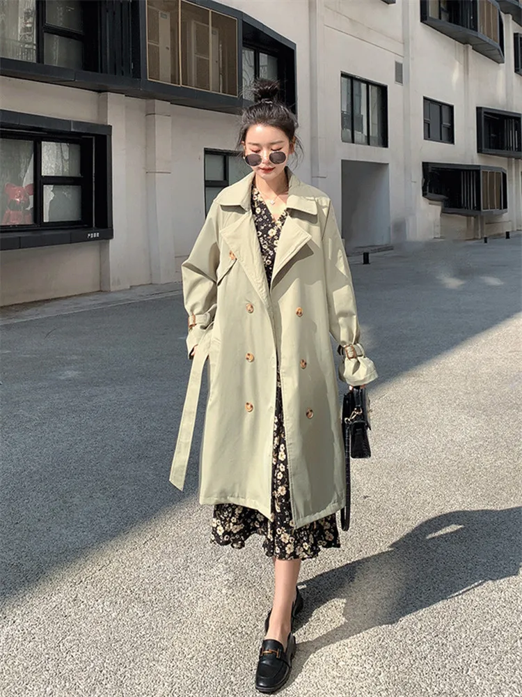 

Women's Windbreaker Spring Autumn New Fashion Loose Solid Color Wild Double-breasted Long-sleeved Commute Female Trench Coat 069