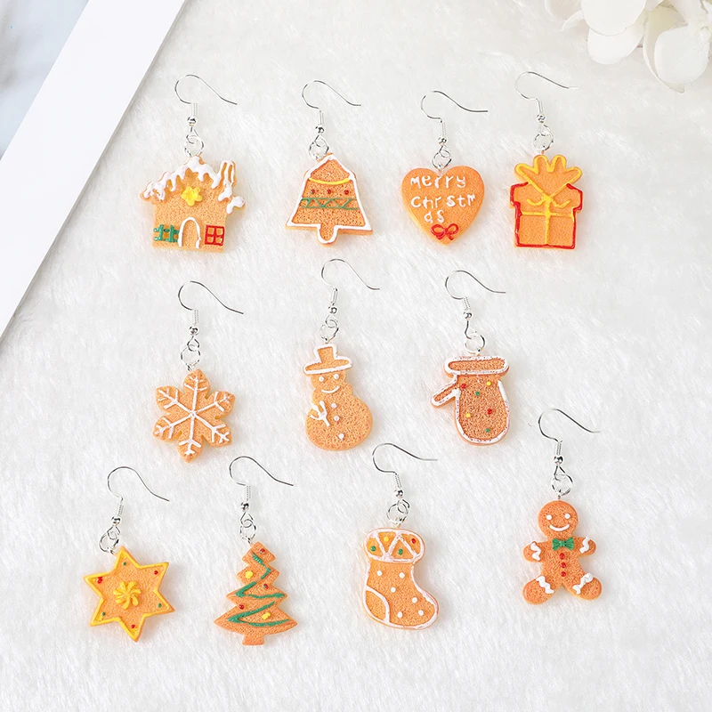 

1Pair Drop Earrings Cute Christmas Cookies Flatback Resin Earrings Sown Earring Jewelry Party Gifts For Woman And Children