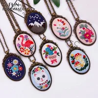 3PCS DIY Vintage Necklace Embroidery Kit Needlework Flower Cross Stitch Sets with Hoop Handmade Swing Arts Craft Creative Gift