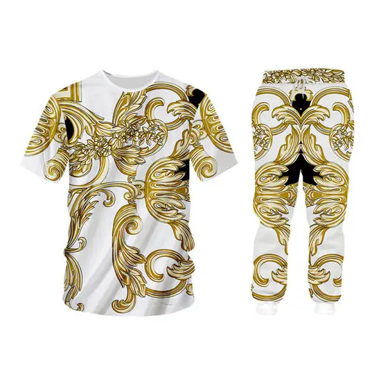 o neck tees set Барокко 3d мужские спортивные костюмы наборы роскошный дворец золотой цветок печати на молнии с капюшоном тренировочные брюки комплект из 2 предметов на заказ одежда унисекс - Цвет: o neck tees set