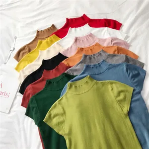 Свитер женский однотонный с коротким рукавом, Мягкая вязаная водолазка с коротким рукавом, большие эластичные пуловеры, топы, весна 2020