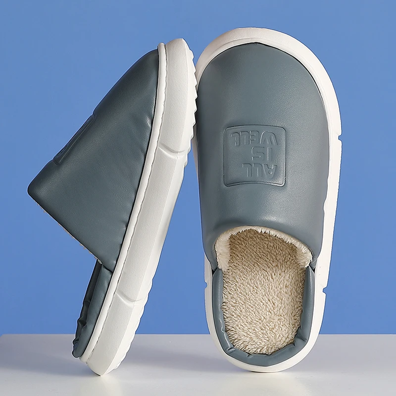 

2021 Winter Men's Slippers Women Trend Alphabet Couple Cotton Slippers Home PU Flip Flops Waterproof Warm Plush Ladies Shoes