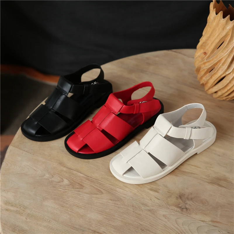 

Meotina Women Sandals Genuine Leather Gladiator Shoes Round Toe Flat Heels Sandals Summer Buckle Strap Ladies Footwear Black 40