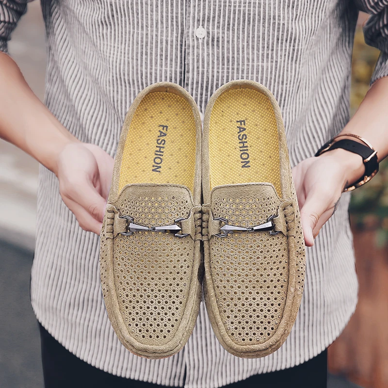 

Half Shoes For Men Summer Suede Leather Slip-On Loafer Slippers On Backless Loafers Lazy Person Driving Shoes Man Moccasins