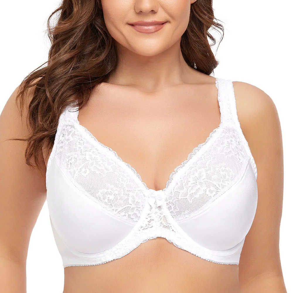 

White Women Non-padded Underwire Lace Embroidery Minimizer Big Size Bra 34 36 38 40 42 44 46 48 50 52 F G H I