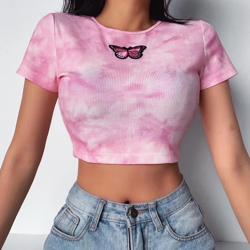 

New Summer Sexy Tie-dyed Crop Top Button Women Short Sleeve O Neck Embroidery Letter Casual T-shirt y2k INS Slim Tees Tanks Pink