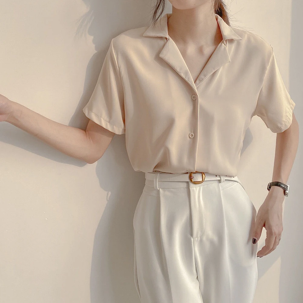 

Missnight Women Shirts Blouses Short Sleeve Lapel Collar Button Up Shirt Womens Tops Korean Style Casual Blouses Streetwear