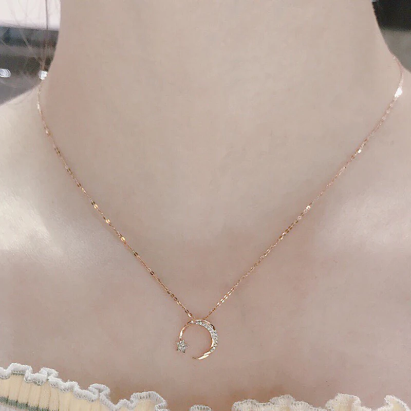 

AINUOSHI Handmade 18K Gold 0.04ct Real Diamond Shining Moon Star Fashion Pendant Necklace for Women Dating Anniversary Gift 18''