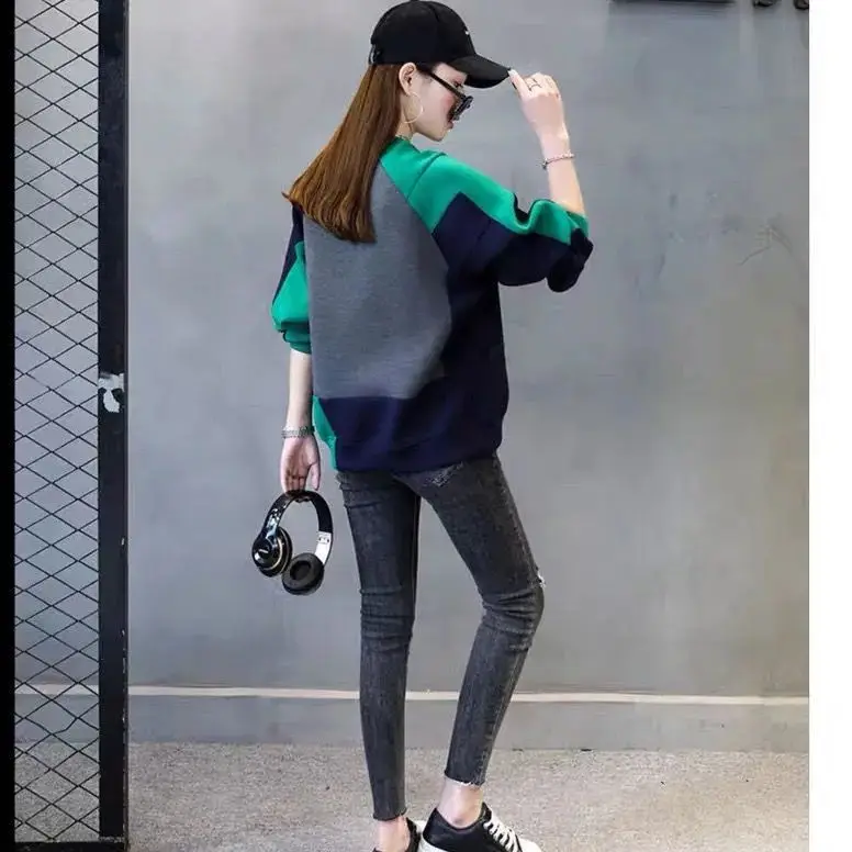 

Autumn and winter 2020 new cotton sweater women's Korean loose large lazy style stitched round neck top