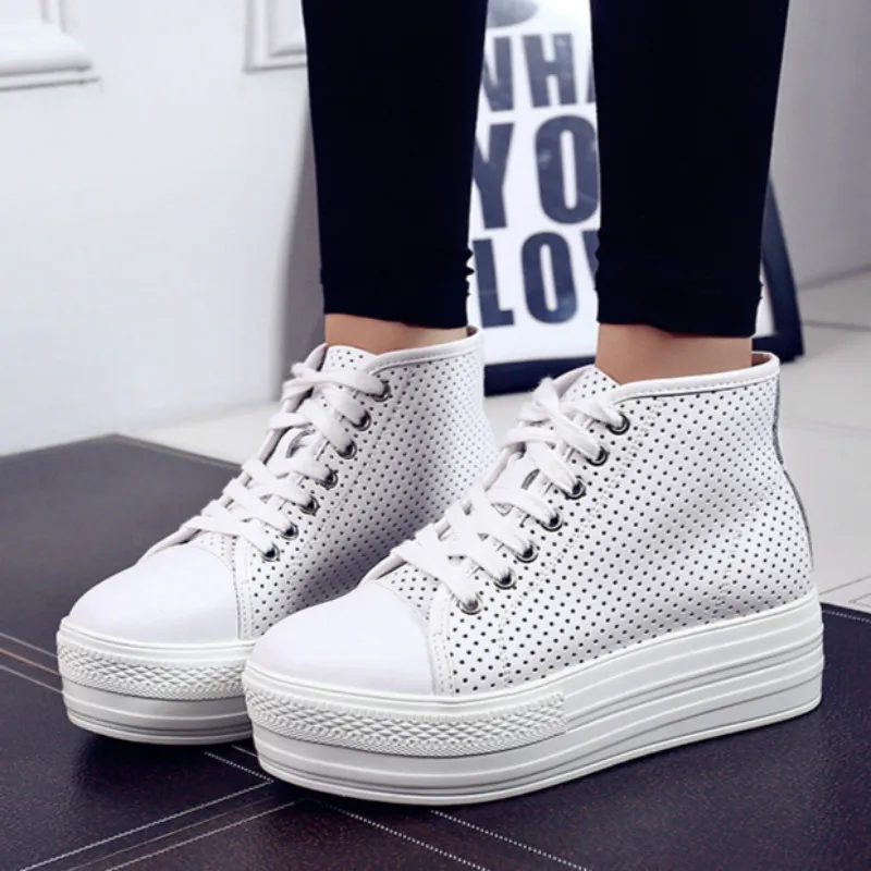 Модные женские повседневные белые кроссовки на скрытой платформе Обувь танкетке