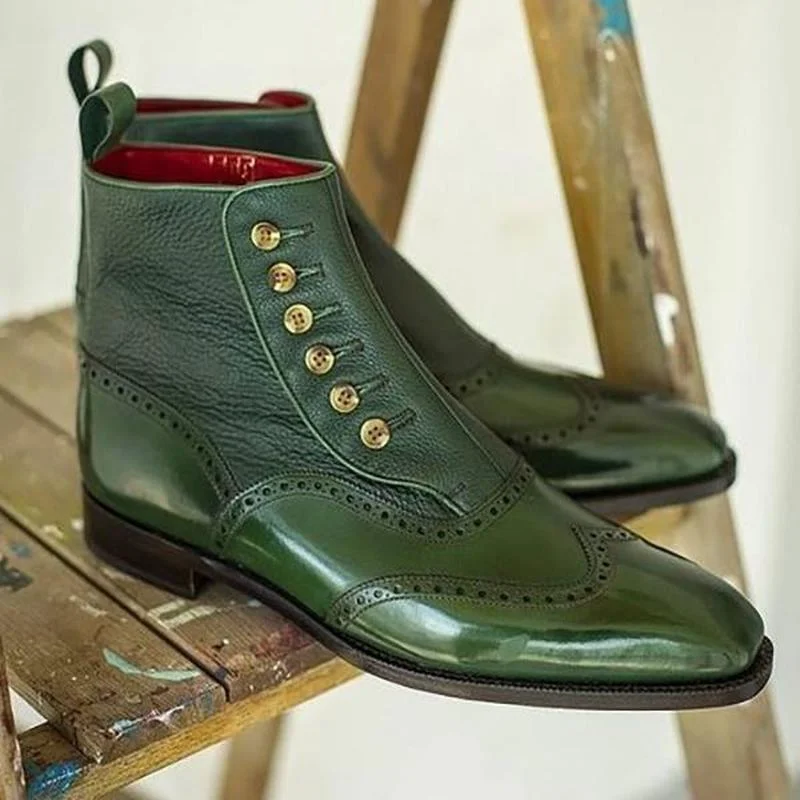 

Men's Basic Low-heeled Green Black Buckle Boots Casual Retro Style Business Positive PU Leather Shoes Sapatos Para Hombre HL080