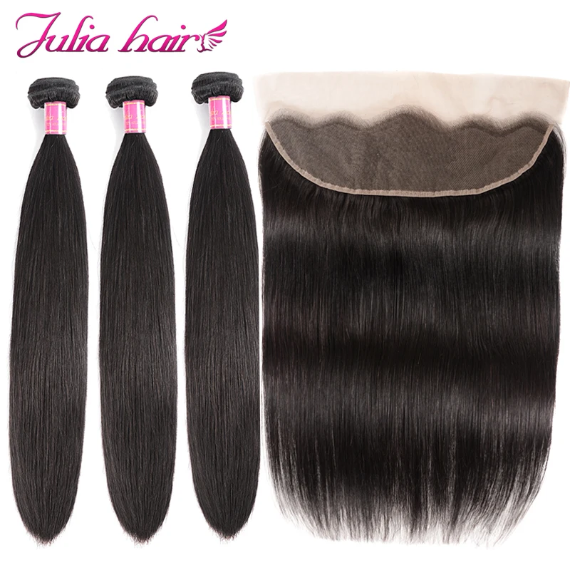 Перуанские прямые человеческие волосы 3 пучка с фронтальным предварительно