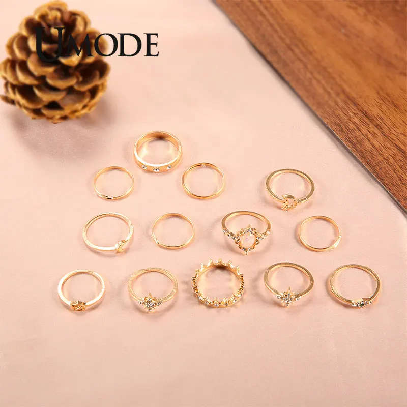 UMODE, 12 шт., Золотая Корона, кольца для женщин и девочек, кольца с Луной, набор, кольца на палец в форме сердца, опал, женская мода, ювелирные изделия, подарки, PR0225