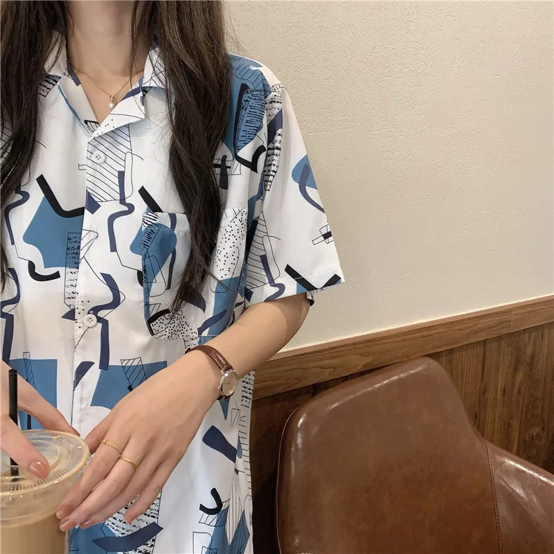 

Houthion Chiffon Slim Women's Blouses New Casual Blouse Fashion Short Sleeve Top Geometric Patterns Buttons Shirt Summer