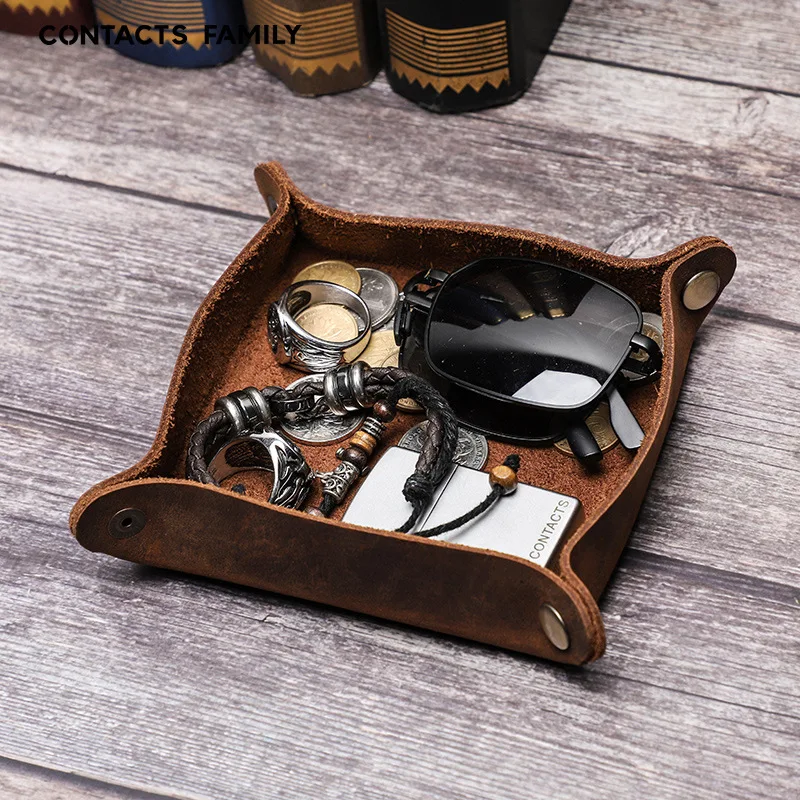 

100% Genuine Leather Coin Purse Vintage Retro Cowhide Desktop Tabletop Small Storage Box Bag Snap Foldable Valet Tray Organizer