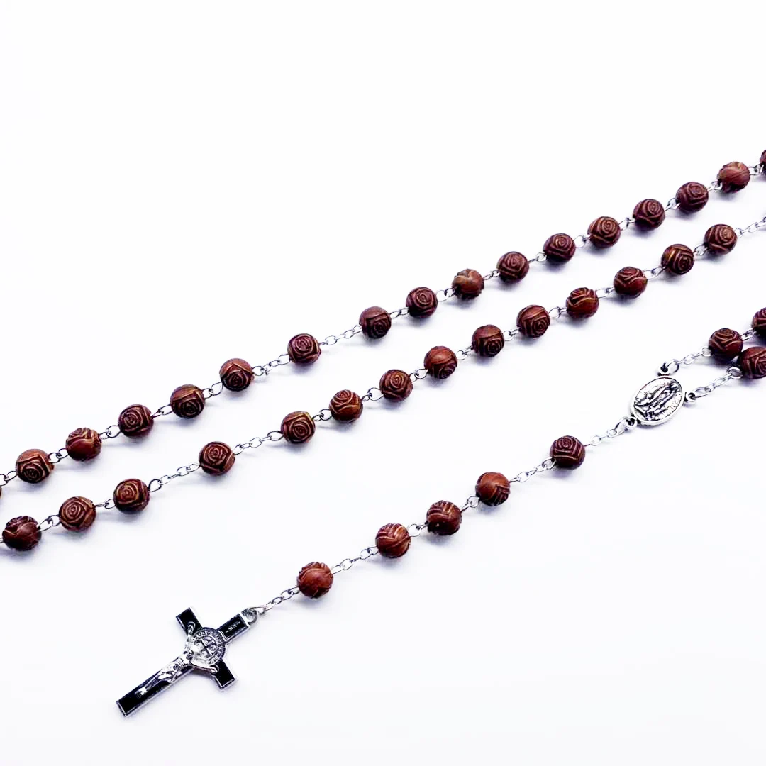Модные деревянные резные розовые бусы религиозная молитва ожерелье Девы Марии