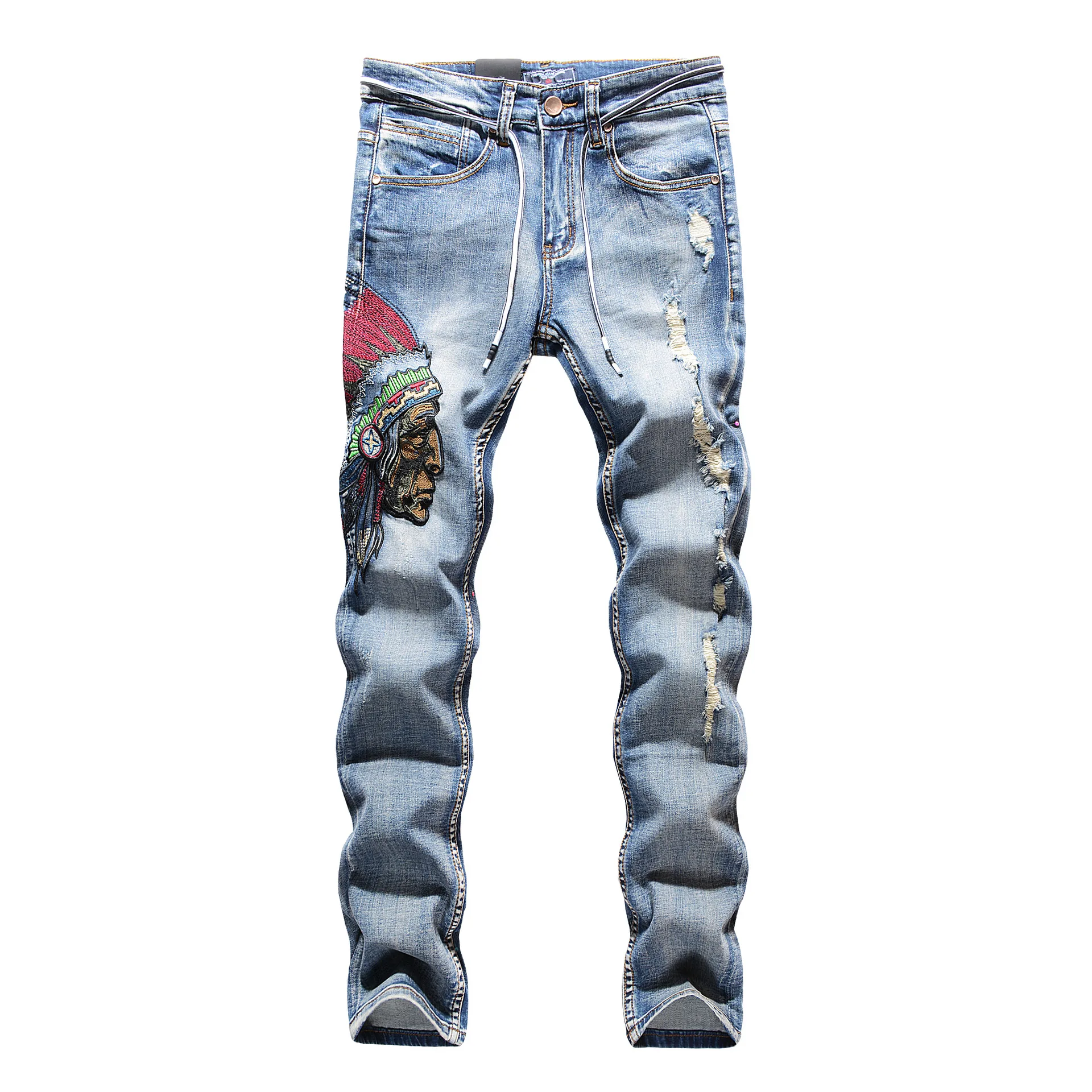 

New European fashion men's male casual three-dimensional Indian embroidery pants burred straight stretch jeans trousers
