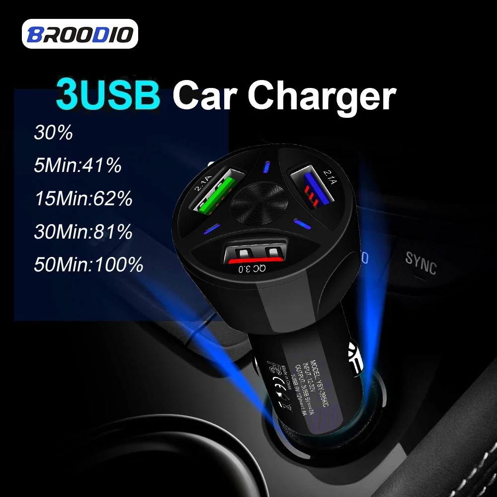 

3 Ports USB QC3.0 Fast Charge Car Charger For Samsung Huawei Xiaomi iPhone Car Navigation Charging Car Charger QC 3.0 Chargers