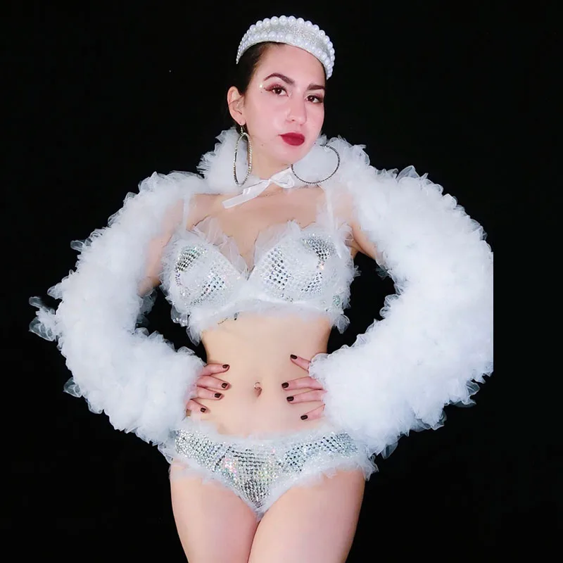 Nightclub DJ Dancer White Rhinestones Bikini Shawl Set Bar Party Stage Outfit Sexy Women Singer Dance Performance Costume DT2310 |