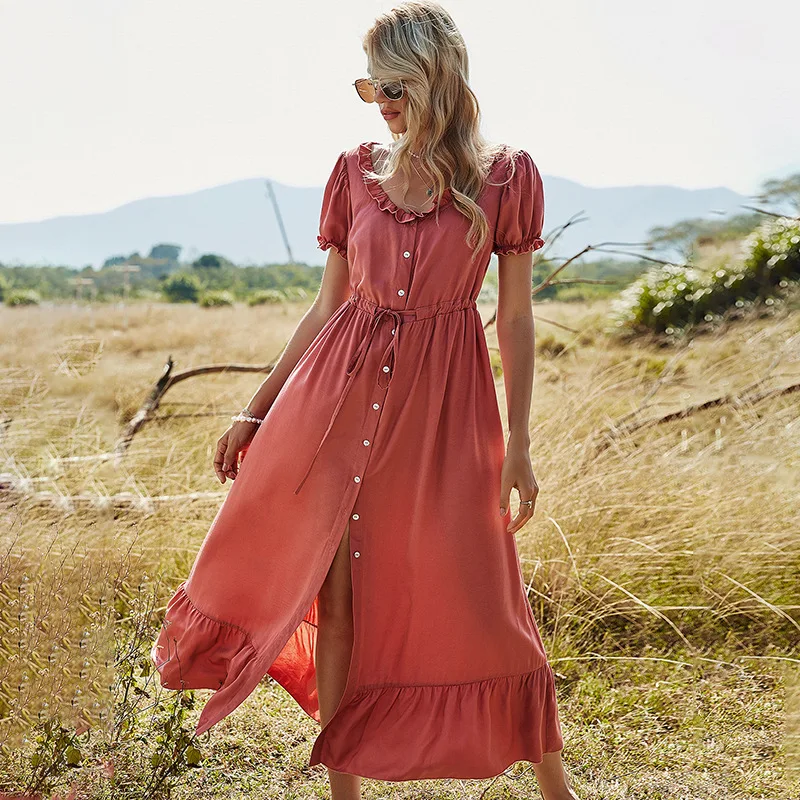 

Fashion 2021 New Women's Single-breasted Round Neck Solid Color Tie Waist Dress Female Lantern Sleeve Woman Skirt