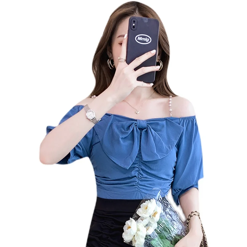 

Beading Slash Neck Summer New Sexy strap off shoulder Bow tie Short Sleeve Chiffon Women's pearl chain Chiffon Ladies Top 737E